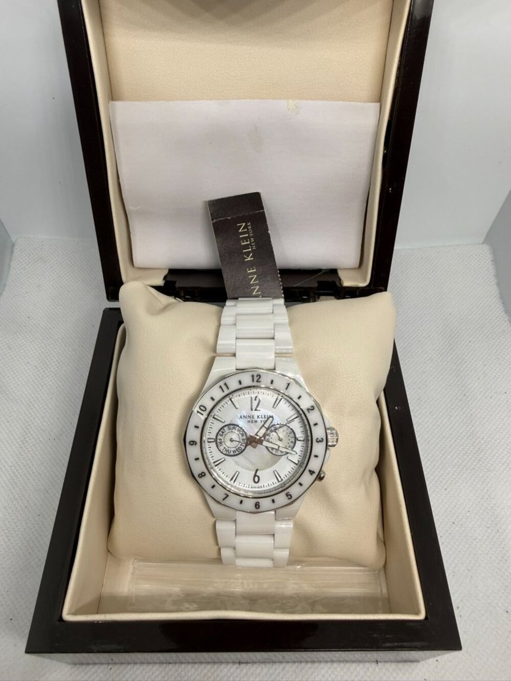 Anne Klein 12/1979WMWB Women's 40mm White Ceramic MOP Dial Swiss Quartz Watch